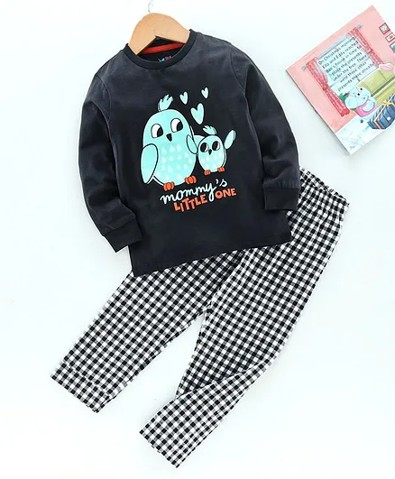 Ventra Full Sleeves Bird Printed Night Suit - Black