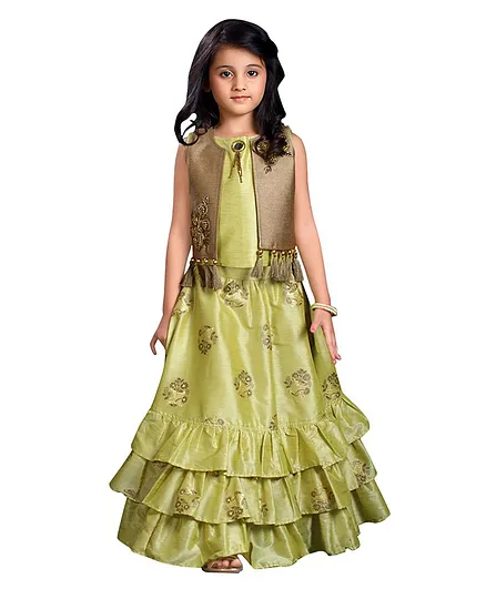 Joy-n-Jolly Sleeveless Choli With Jacket & Floral Block Print Lehenga - Green