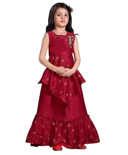 Joy-n-Jolly Sleeveless Glitter Print Detailing Asymmetrical Top With Lehenga - Maroon