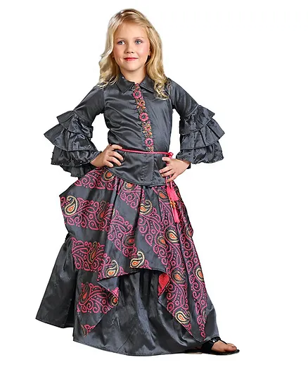 Joy-n-Jolly Ruffle Full Sleeves Flower Embroidery Detailing Choli With Bandhani Print Lehenga - Black