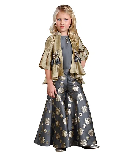 Joy-n-Jolly Top With Three Fourth Sleeves Flower Patch Detailing Jacket & Jacquard Sharara - Grey