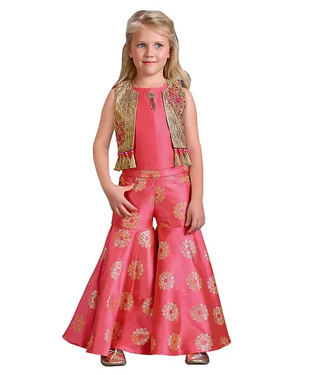 Joy-n-Jolly Sleeveless Top With Flower Embroidery Detailing Jacket & Jacquard Sharara - Pink