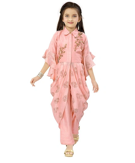 Joy-n-Jolly Three Fourth Sleeves Rose Embroidered Dhoti Style Long Top With Pants - Peach