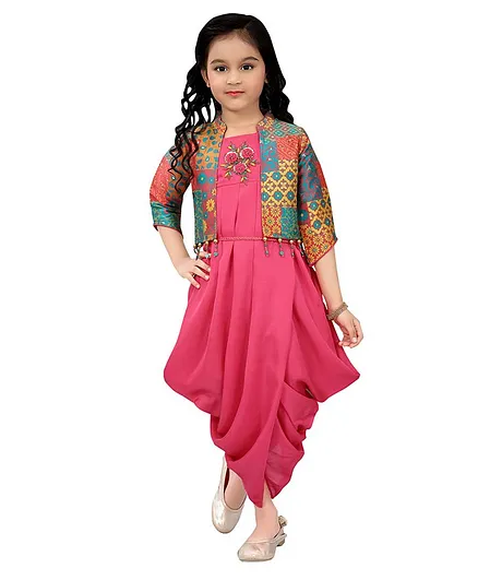 Joy-n-Jolly Floral Patch Detailing Dhoti Style Jumpsuit With Three Fourth Sleeves Jacquard Jacket - Pink