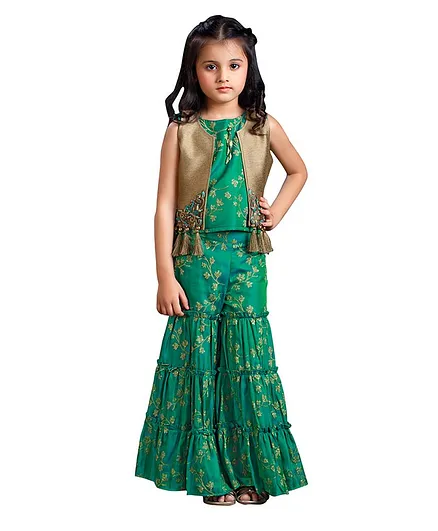 Joy-n-Jolly Sleeveless Glitter Floral Print Top With Jacket & Sharara - Green