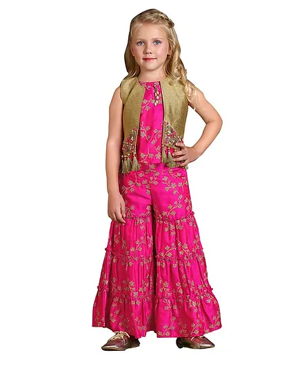 Joy-n-Jolly Sleeveless Glitter Floral Print Top With Jacket & Sharara - Pink