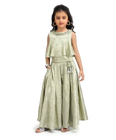 Joy-n-Jolly Sleeveless Pearl Embellished Top With Foil Print Detailing Palazzo - Light Green