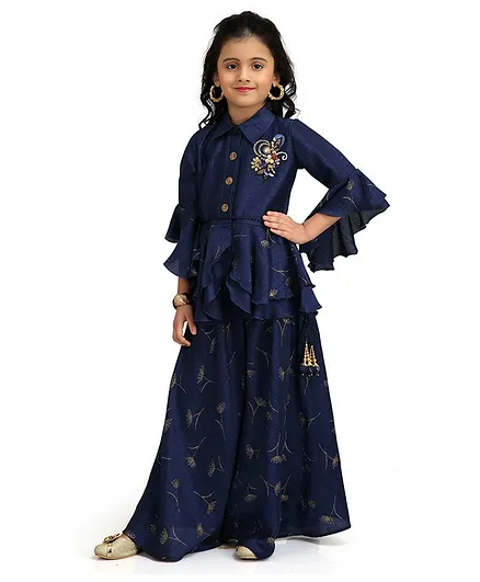 Joy-n-Jolly Three Fourth Sleeves Top With Floral Print Flared Palazzo - Navy Blue
