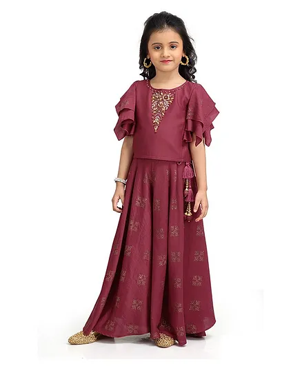 Joy-n-Jolly Half Sleeves Flower Embroidery Detailing Top With Flared Palazzo - Pink