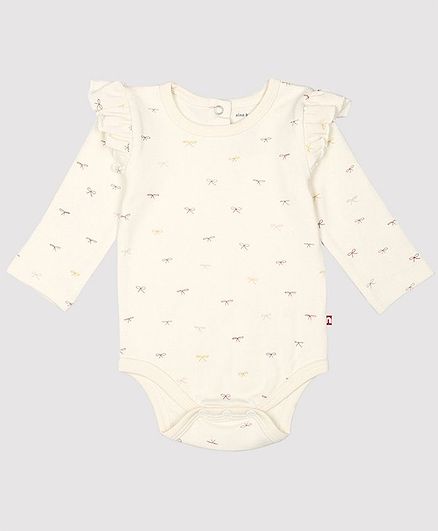 Nino Bambino 100% Organic Cotton Full Sleeves Bow Print Onesie - Cream
