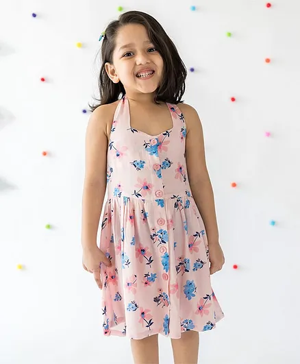 Campana Cheryl Halter Neck Sakura Floral Print Sleeveless Dress - Pink