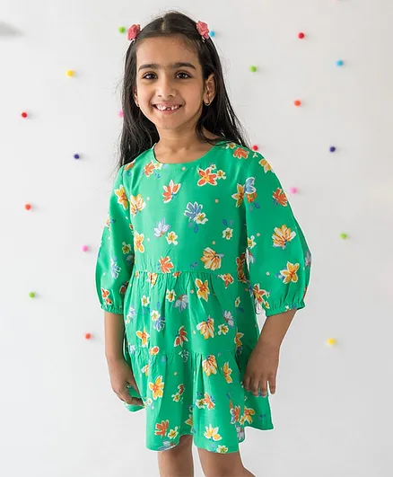 Campana Calypso Tiered Floral Bloom Print Three Fourth Sleeves Dress - Green