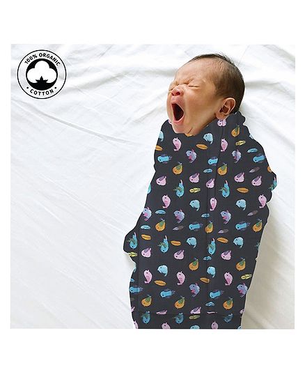 Polka Tots 100% Organic Cotton Muslin Swaddle Wrap Bird Print - Navy Blue