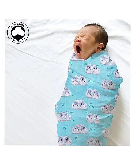 Polka Tots 100% Organic Cotton Muslin Swaddle Wrap Sheep Print - Light Blue