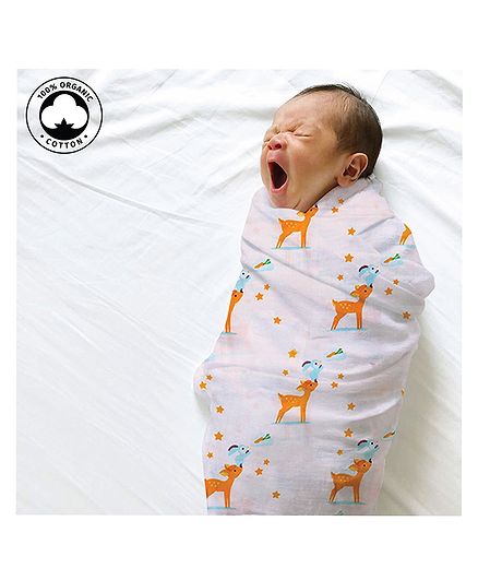 Polka Tots 100% Organic Cotton Muslin Swaddle Wrap Deer Print - White