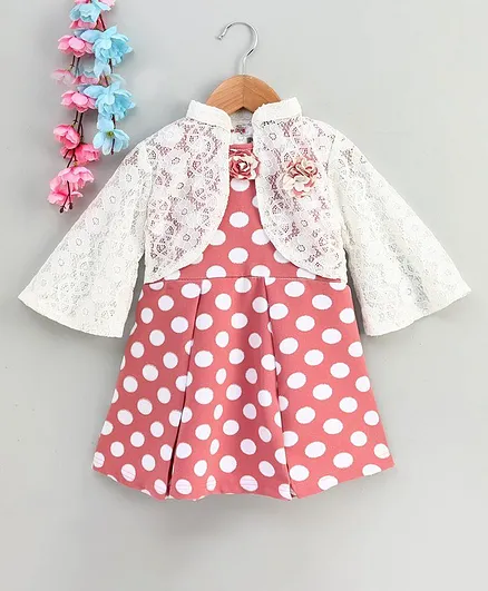 Enfance Three Fourth Sleeves Shrug With Polka Dot Printed Dress - Peach