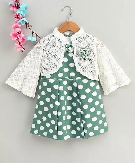 Enfance Three Fourth Sleeves Shrug With Polka Dot Printed Dress - Green