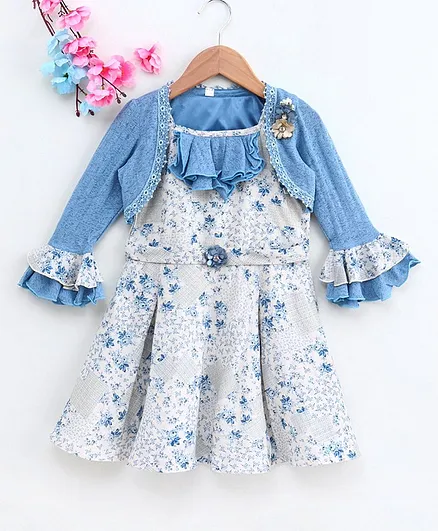 Enfance Floral Print Dress With Full Sleeves Shrug - Blue