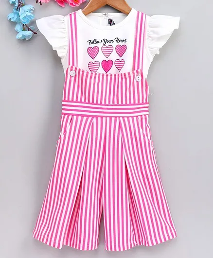 Enfance Heart Printed Flared Cap Sleeves Tees with Stripe Dungaree Dress - Pink