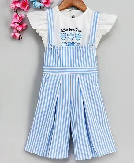 Enfance Heart Printed Cap Sleeves Top With Striped Dungaree - Blue
