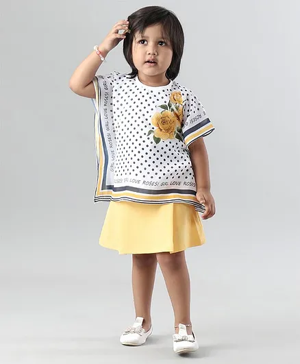 Enfance Polka Dot Print Half Sleeves Kaftan Style Top With Skirt - Yellow