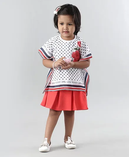 Enfance Polka Dot Print Half Sleeves Kaptan Style Top With Skirt - Red