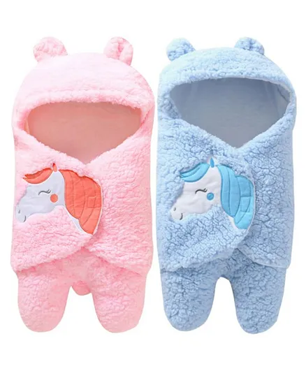 Brandonn Flannel Hooded Wearable Blanket Unicorn Patch Pack of 2 - Blue Pink