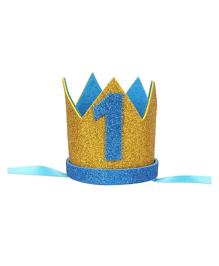 Funcart 1st Birthday Medium Size Glitter Crown Cap - Golden Blue