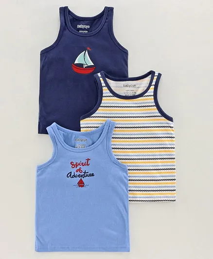 Babyoye 100% Cotton Sleeveless Vests Ship Print Pack of 3 - Blue White