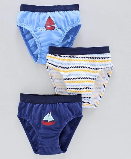 Babyoye Cotton Briefs Ship Print Pack of 3 - Blue White