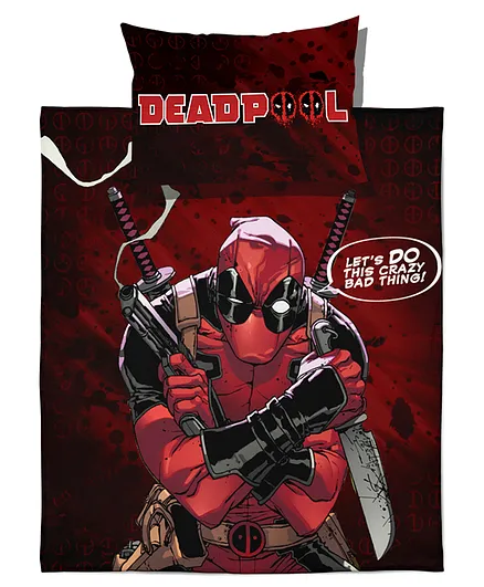 Marvel Avengers Single Cotton Bedsheet With 1 Pillow Cover Deadpool Print - Red
