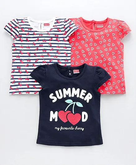 Babyhug Cap Sleeves Tees Multiprint Pack of 3 - Navy Red