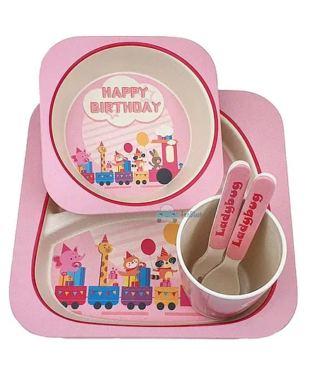 FunBlast Bamboo Fibre Happy Birthday Theme Dining Set of 5 - Pink