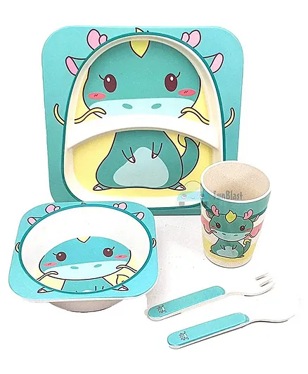 FunBlast Bamboo Fibre Dining Set Dino Print Pack of 5 - Blue