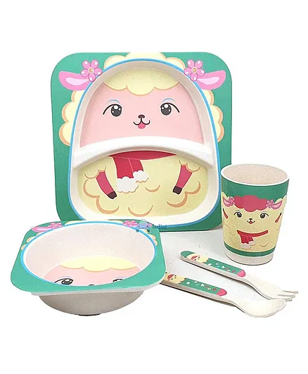 FunBlast Bamboo Fibre Dining Set Sheep Print Pack of 5 - Multicolour