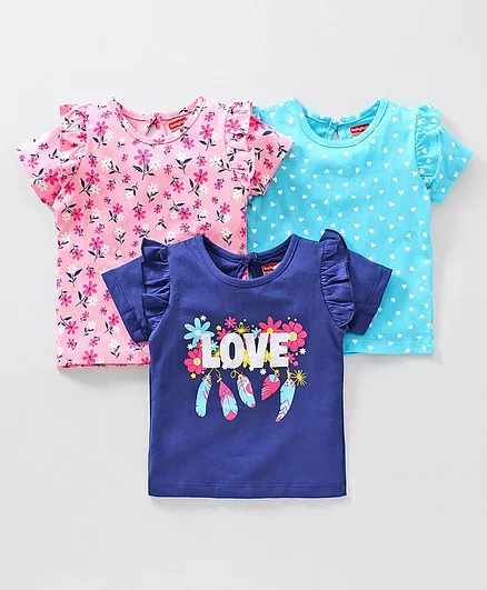 Babyhug Half Sleeves Cotton Tee Floral & Heart Print Pack of 3 - Blue Pink