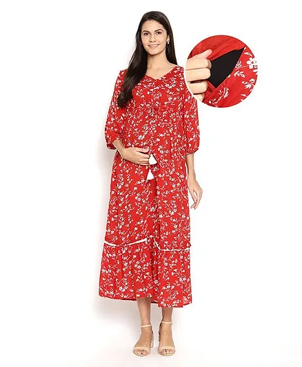 Bella Mama Three Fourth Sleeves Lace Layered Dress with Mask - Red