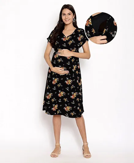 Bella Mama Half Sleeves Printed Wrap Dress - Black