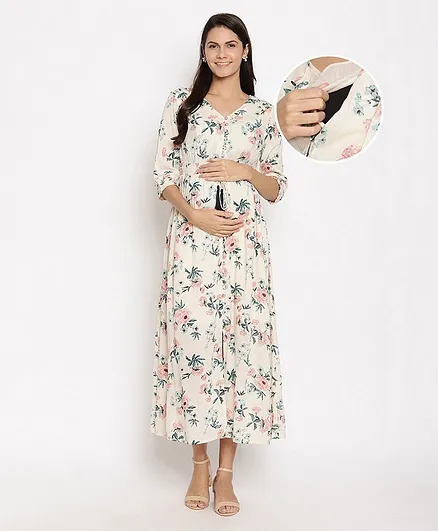 Bella Mama Three Fourth Sleeves Printed Button Closure Dress with Mask - White
