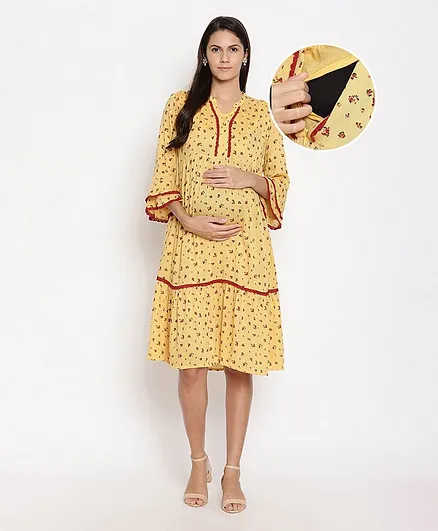 Bella Mama Three Fourth Sleeves Floral Printed Dress - Yellow