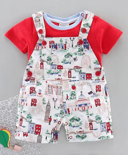 Wonderchild Half Sleeves T-Shirt With Printed Dungaree Style Romper - Red