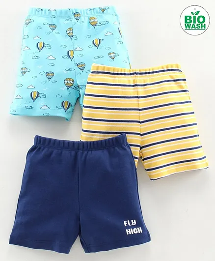 Babyoye Cotton Shorts Hot Air Balloon Print Pack of 3 - Blue