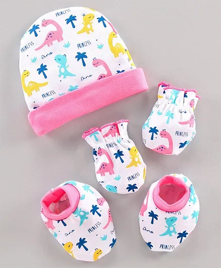 Babyhug Cap Mitten & Booties Dino Print - Cap Diameter 10 cm