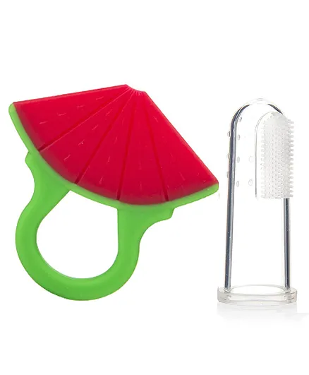 INFANTSO Non-Toxic Food-Grade Silicone Watermelon Shaped Baby Teether and Baby finger Brush Combo