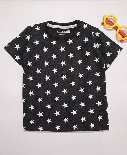 Snowflakes Half Sleeves All Over Stars Printed Tee - Dark Grey
