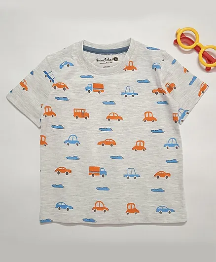 Snowflakes Half Sleeves All Over Vehicles Print Tee - Off White