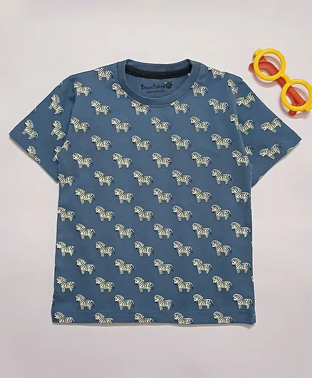 Snowflakes Half Sleeves All Over Zebra Print Tee - Blue