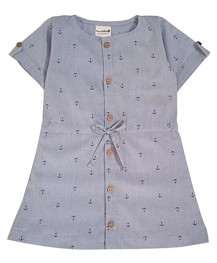 Snowflakes Half Sleeves Anchor Print Shirt Style Dress - Blue