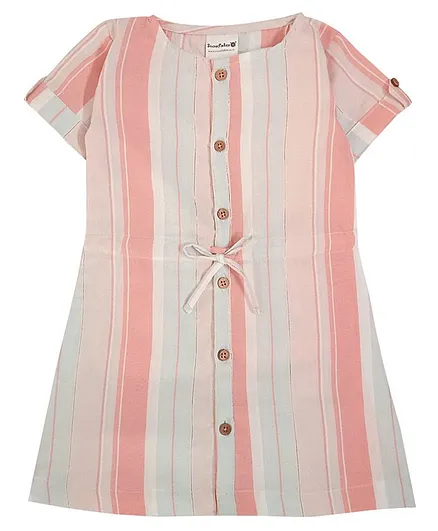 Snowflakes Half Sleeves Striped Shirt Style Dress - Blue & Pink