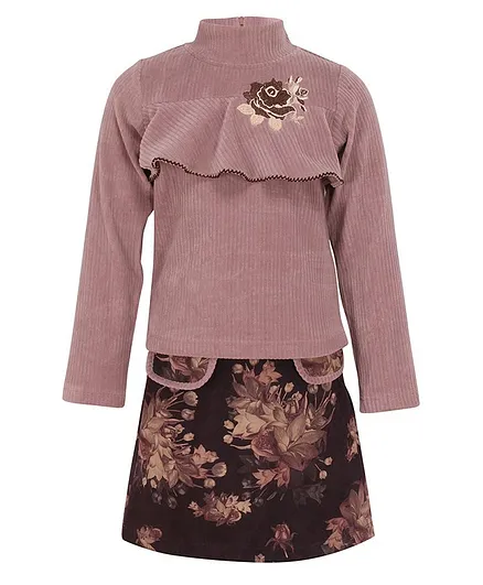 Cutecumber Full Sleeves High Neck Top With Floral Print Skirt - Purple